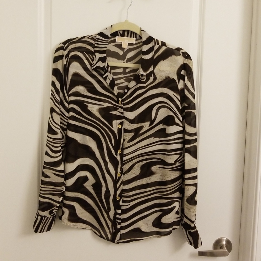 MK brown and white zebra print sheer button down